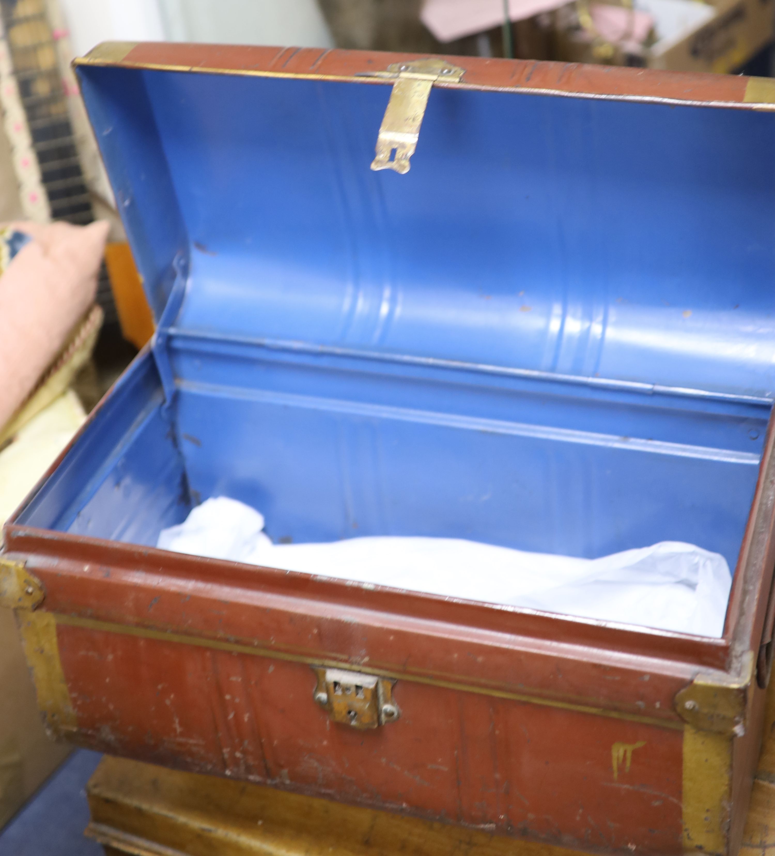 Five Victorian painted tin trunks/hat boxes